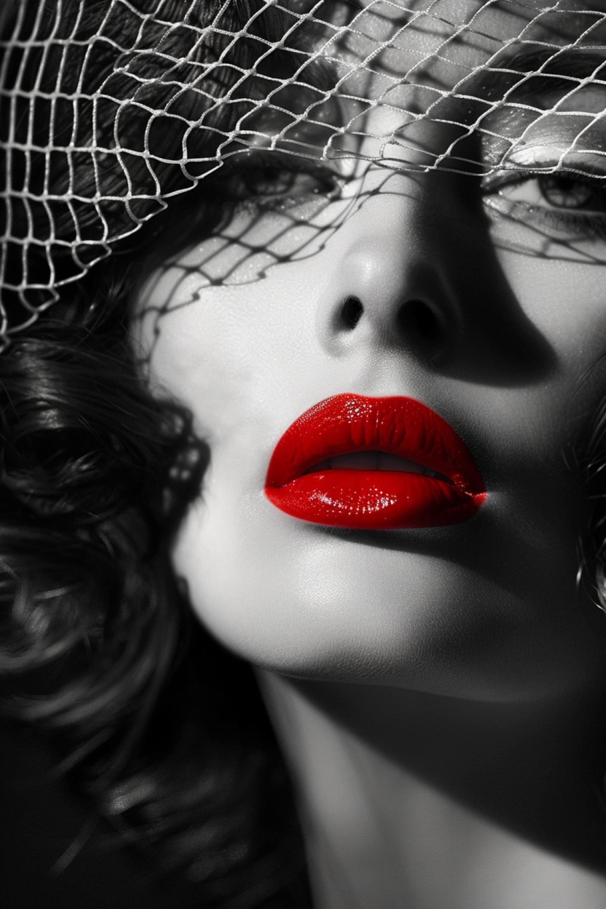 Create a noir-inspired close-up portrait of a femme fatale, featuring a striking contrast between dark and white tones and vibrant red lips. The dark and white image highlights her dramatic expression, with light casting deep shadows on her face. She has vintage waves in her hair and a subtle netted veil partially covering her eyes, adding an air of mystery. Her lips are the only element in color, a bold red that draws attention and adds to her allure. The background is blurred, focusing entirely on her captivating, enigmatic face and the vivid red of her lips, creating a mesmerizing and iconic noir effect.