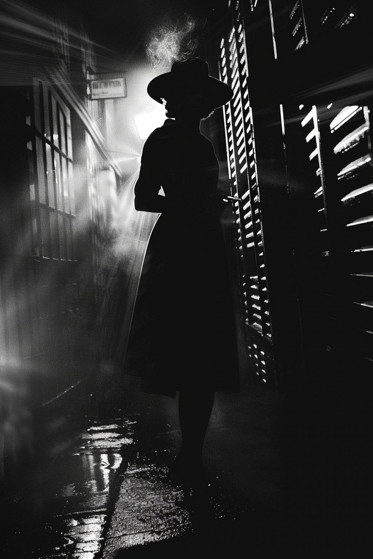 🎲 Competition No. 399. Noir. . The goal is to create images inspired by the aesthetics of classic noir, a genre that originated in the cinema of the 1940s and 1950s and is characterized by a dark, stylish visual atmosphere. Imagine a dark and white palette with deep contrasts between light and shadow, creating an unsettling, mysterious and tense mood. Be inspired by cityscapes: streets lit by dim lanterns, narrow alleys, nightclubs and offices with shutters.. . Dont forget about the mysterious characters: detectives, fatal women, gangsters and other mysterious figures, emphasized by shadows and dramatic lighting.. . Immerse the viewer in the atmosphere of the mysterious, . The femme fatale in film noir: glamor, photography, a woman smoking a cigarette, masterful interplay of light and shadow, reminiscent of the classic noir aesthetic of Edwards paintings
