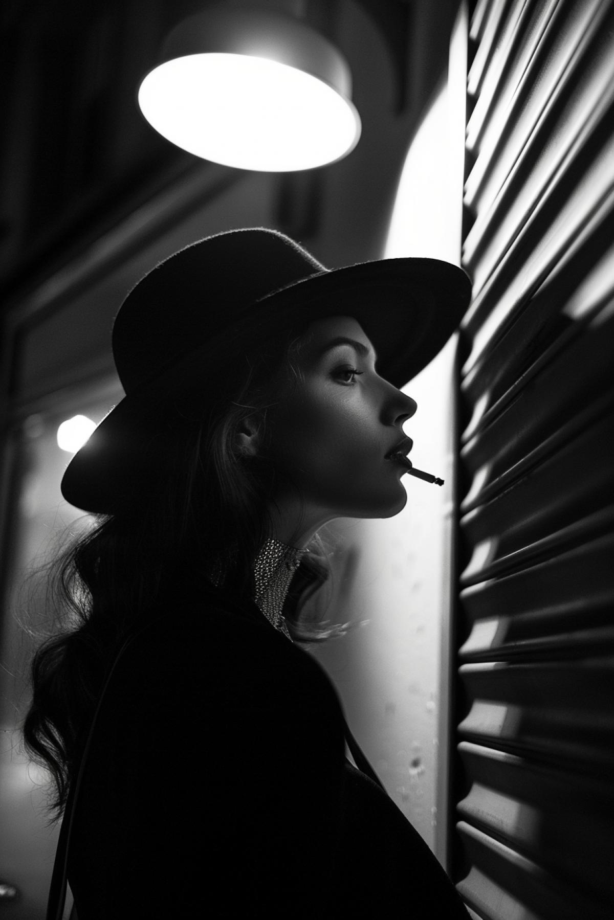 🎲 Competition No. 399. Noir. . The goal is to create images inspired by the aesthetics of classic noir, a genre that originated in the cinema of the 1940s and 1950s and is characterized by a dark, stylish visual atmosphere. Imagine a dark and white palette with deep contrasts between light and shadow, creating an unsettling, mysterious and tense mood. Be inspired by cityscapes: streets lit by dim lanterns, narrow alleys, nightclubs and offices with shutters.. . Dont forget about the mysterious characters: detectives, fatal women, gangsters and other mysterious figures, emphasized by shadows and dramatic lighting.. . Immerse the viewer in the atmosphere of the mysterious, . The femme fatale in film noir: glamor, photography, a woman smoking a cigarette, masterful interplay of light and shadow, reminiscent of the classic noir aesthetic of Edwards paintings