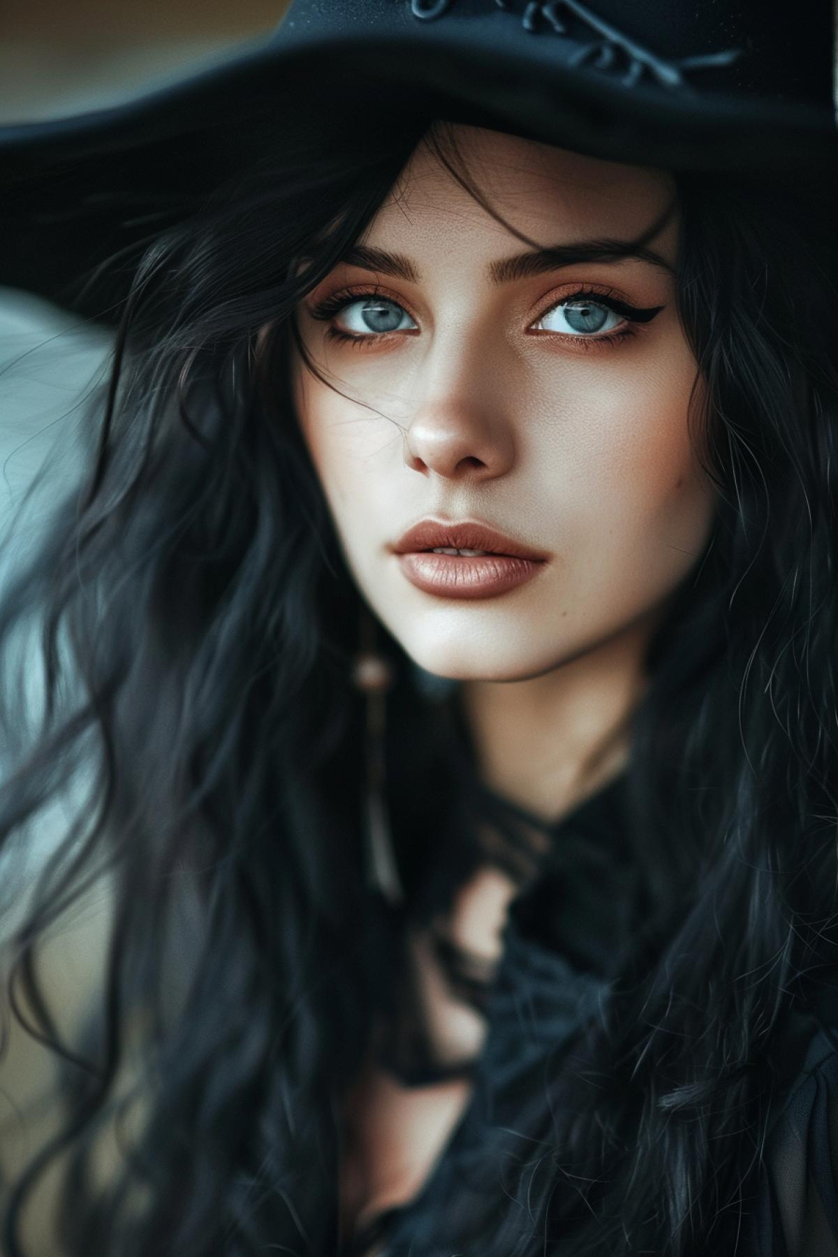 Extraordinary portrait of stereotypical witch with piercing eyes , professional photography, 8k, beauty