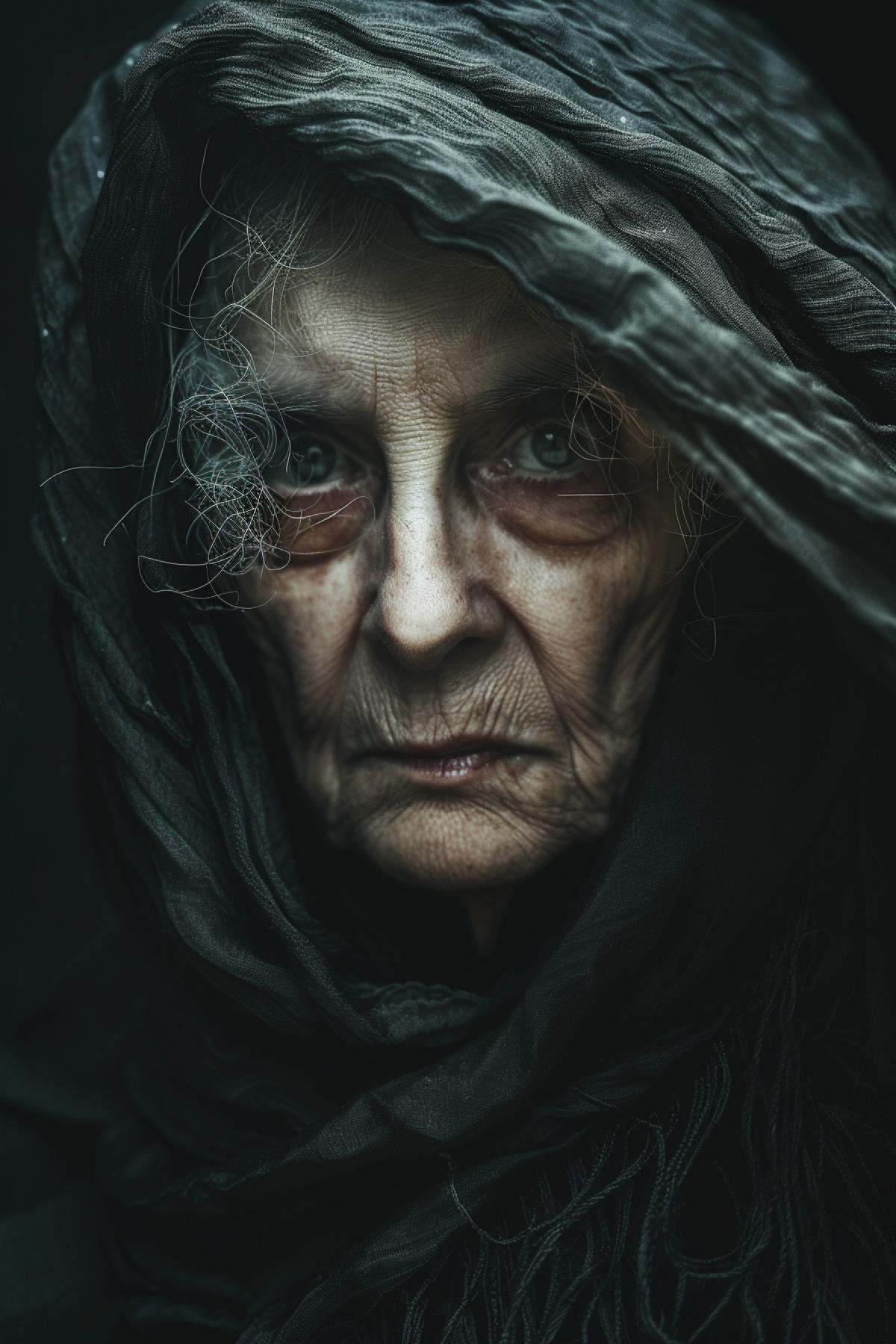 pellbinding closeup portrait of old witch From a traditional fairy tale, minimalist, eternal melancholy, in the style of fashion photography, firefly light, dark on dark, asymmetric com4k, conceptual fantasy, intricate details