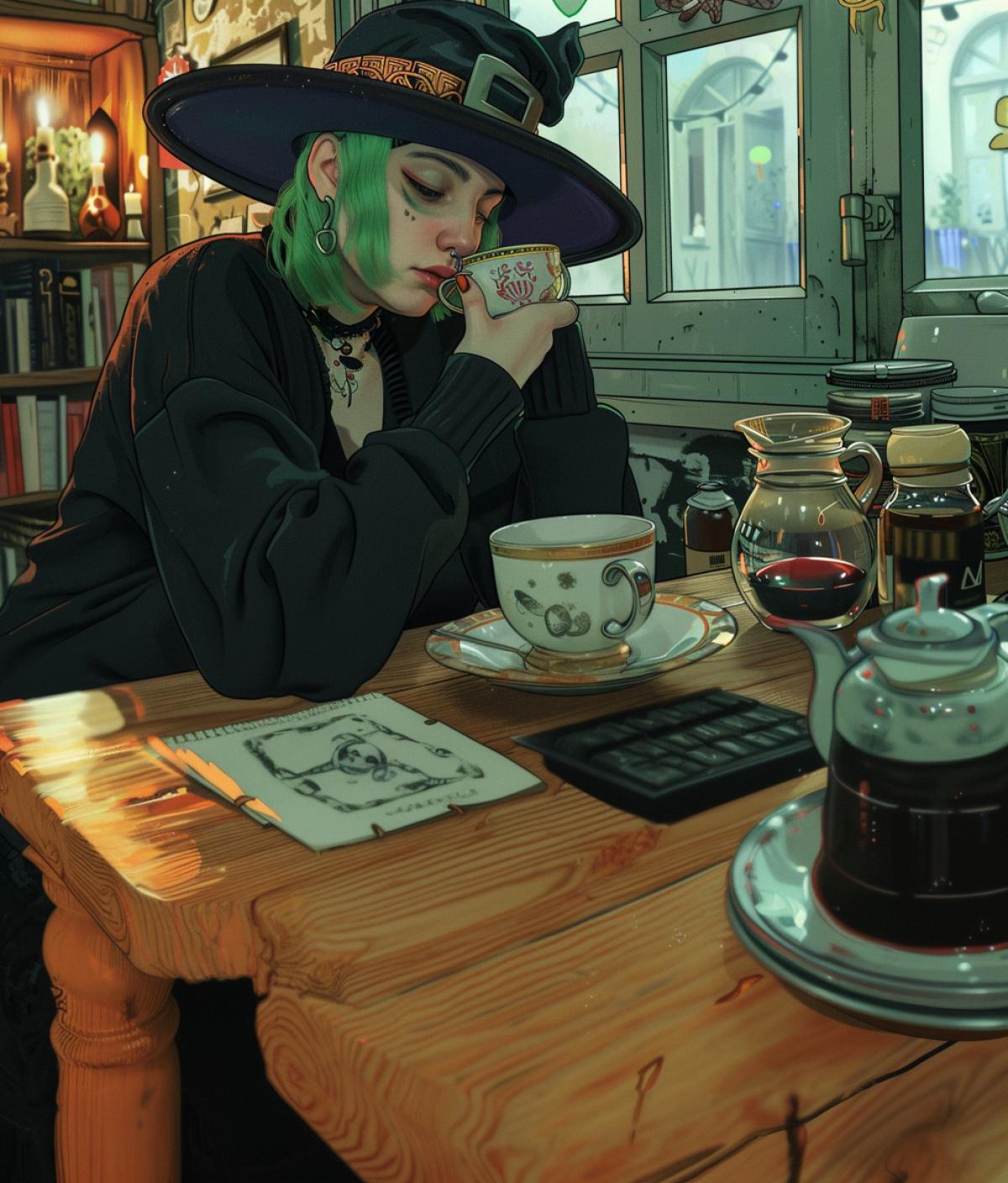 A witch with green hair makes tea in the house
