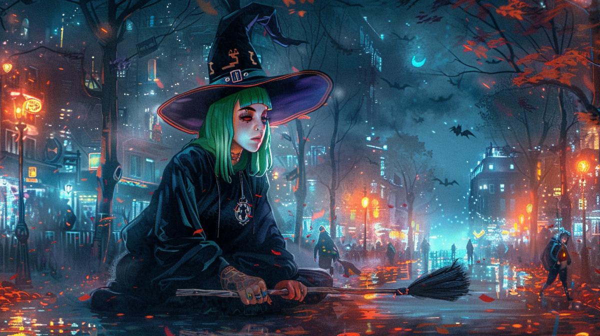 Witch flies on a broom in a cyberpunk city