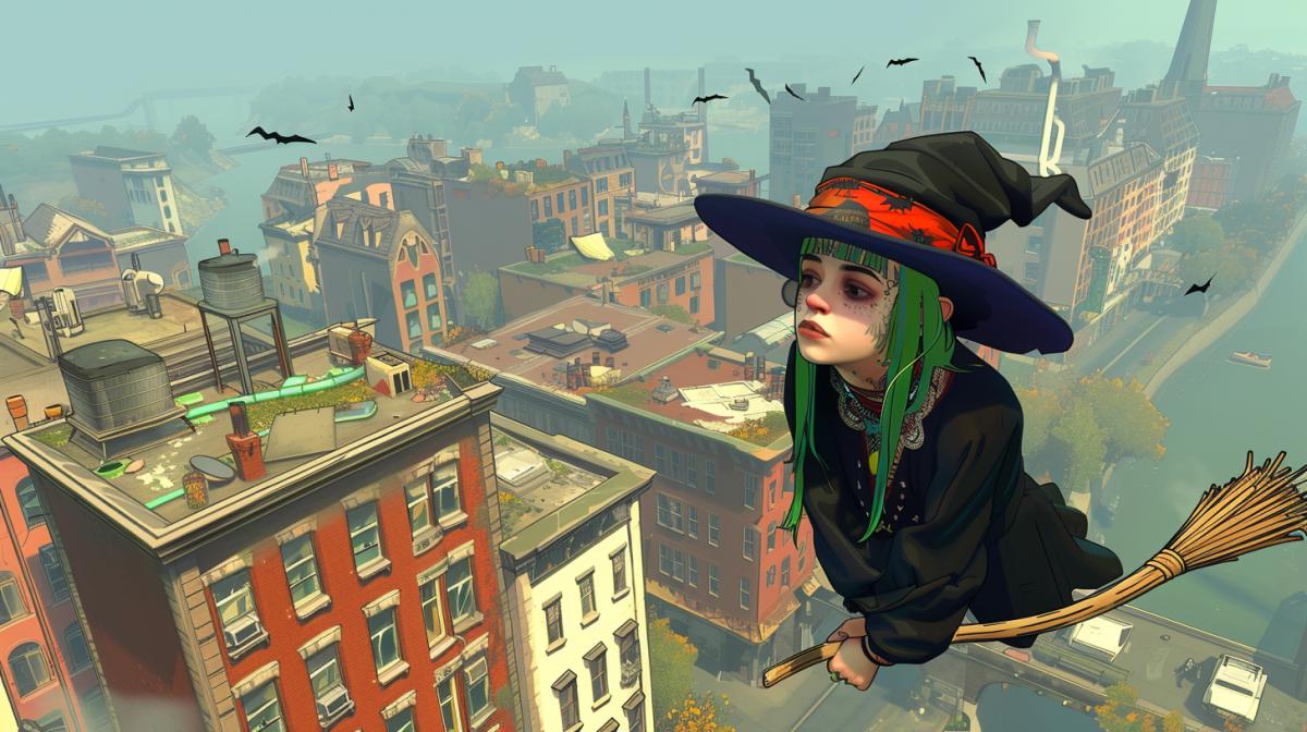Witch flies on a broom in a cyberpunk city