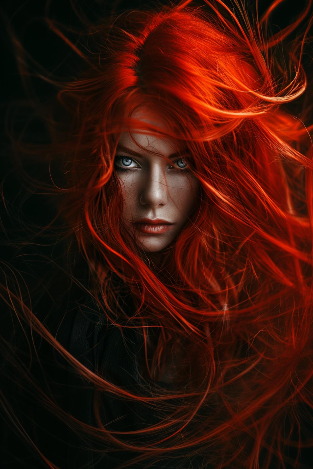 Beautiful old witch with long disheveled bright red hair, magic, witchcraft, realistic image, bright and rich colors,