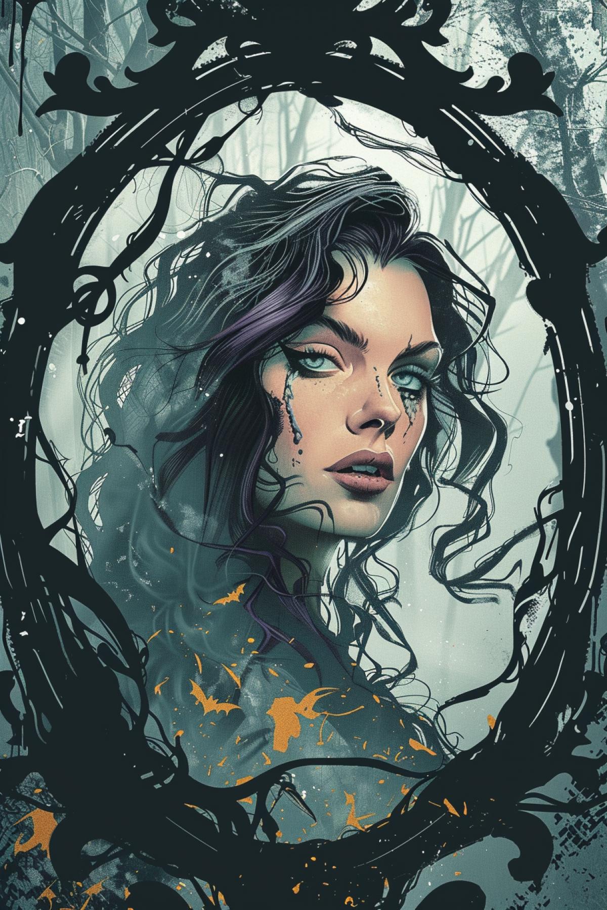 beautiful woman witch imprisoned in the mirror, realistic image, magic. comic style, clear details