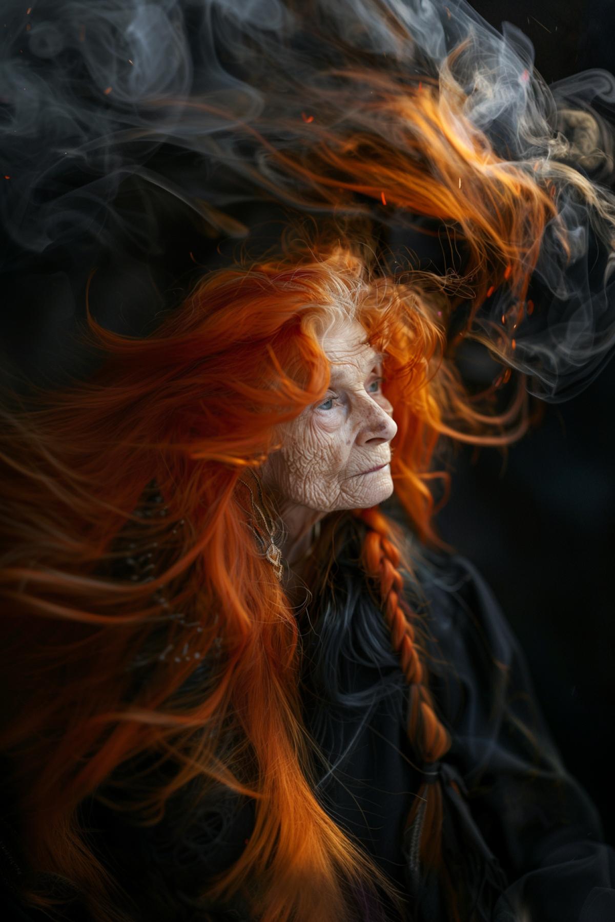 Beautiful old witch with long disheveled bright red hair, magic, witchcraft, realistic image, bright and rich colors,