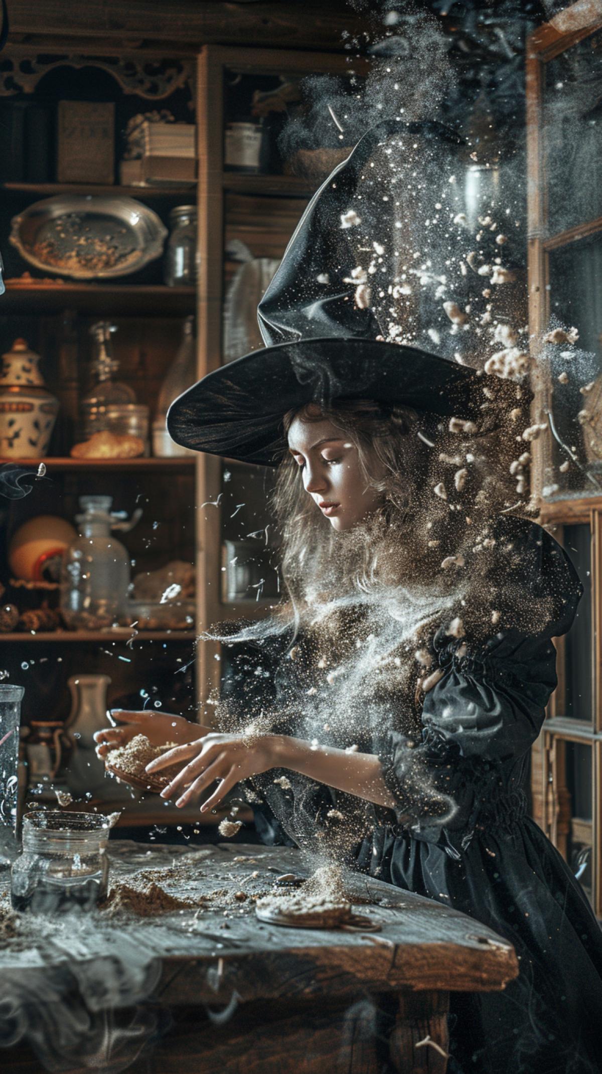 Emotional Witch in her home. Household items fly around the witch