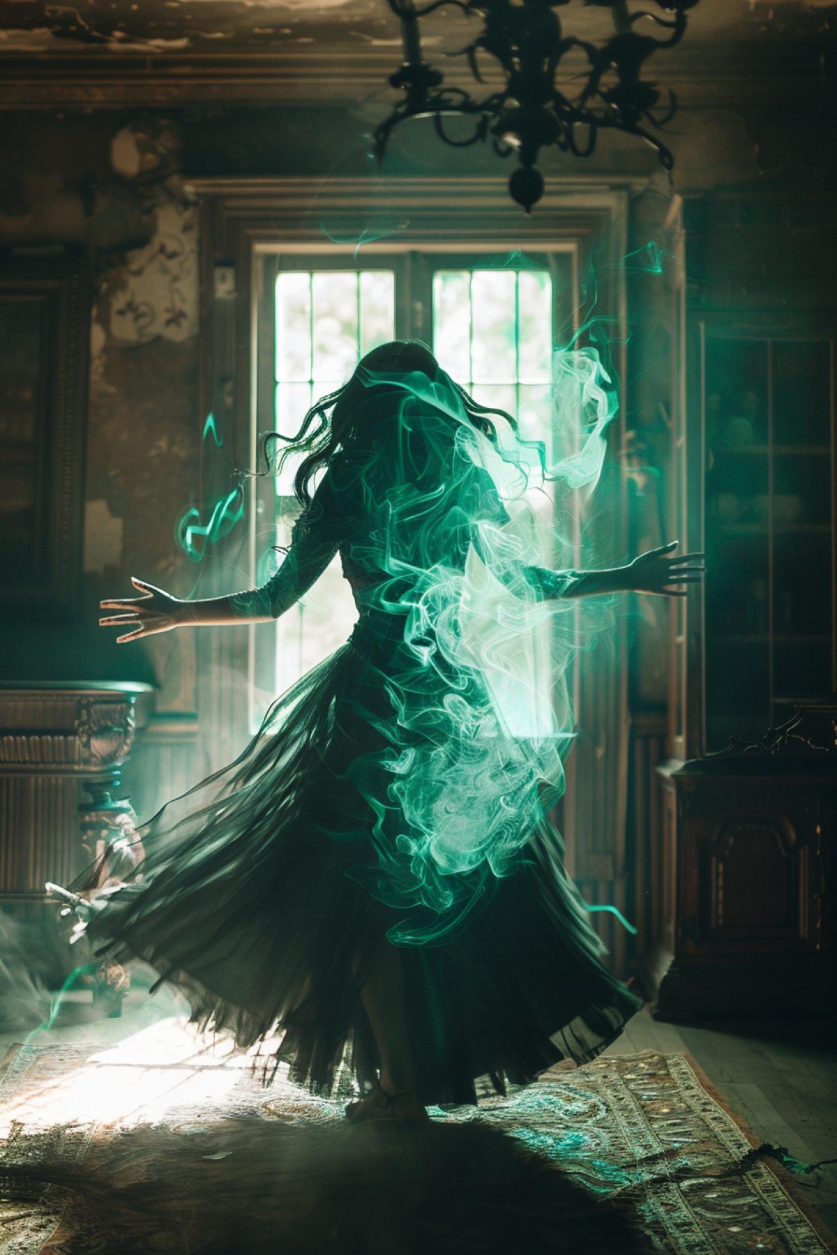The Sorceress-Witch turns into a beautiful beautiful girl.  In your home, when illuminated from a window, objects levitate around