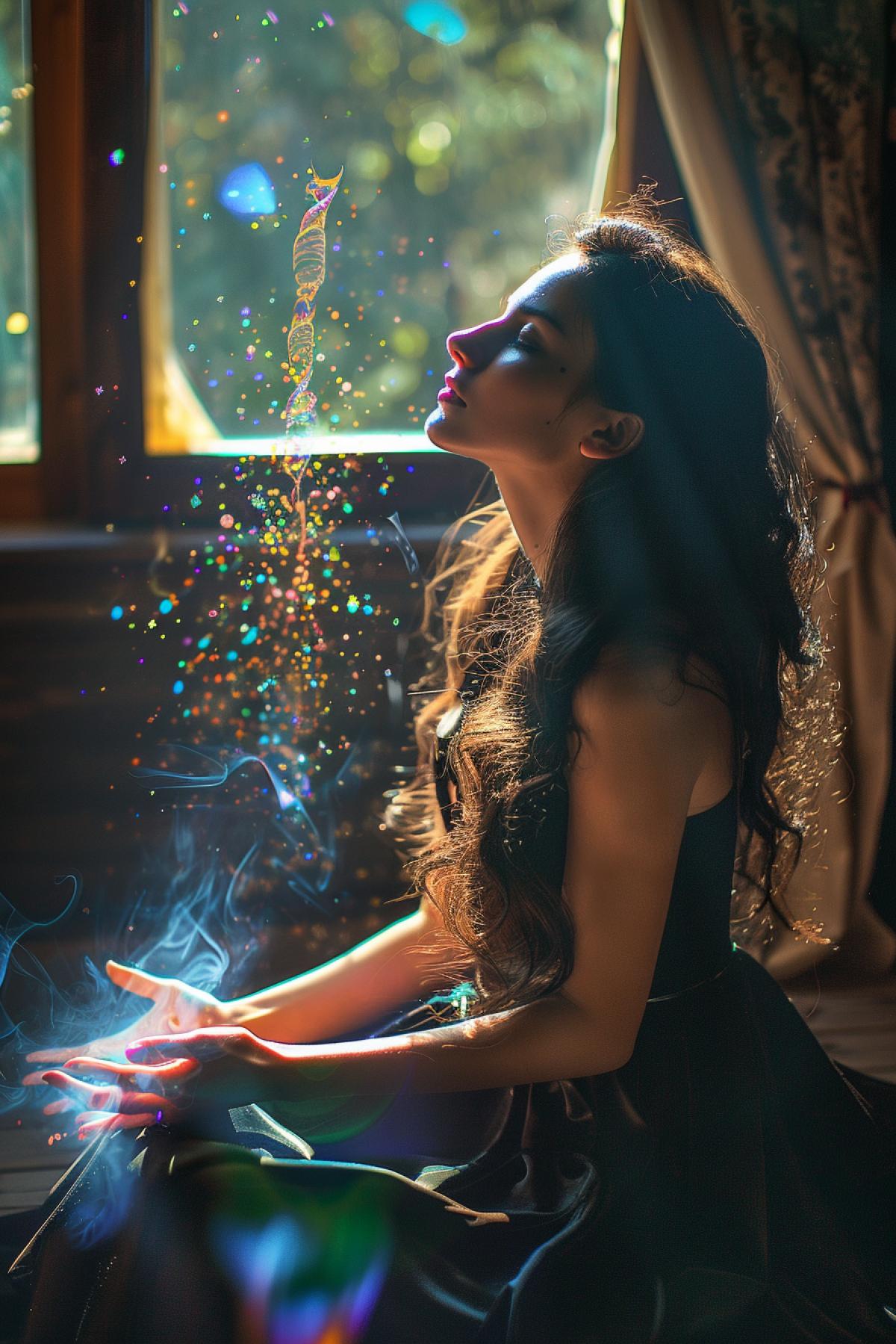 The Sorceress-Witch turns into a beautiful beautiful girl.  In your home, when illuminated from a window, objects levitate around