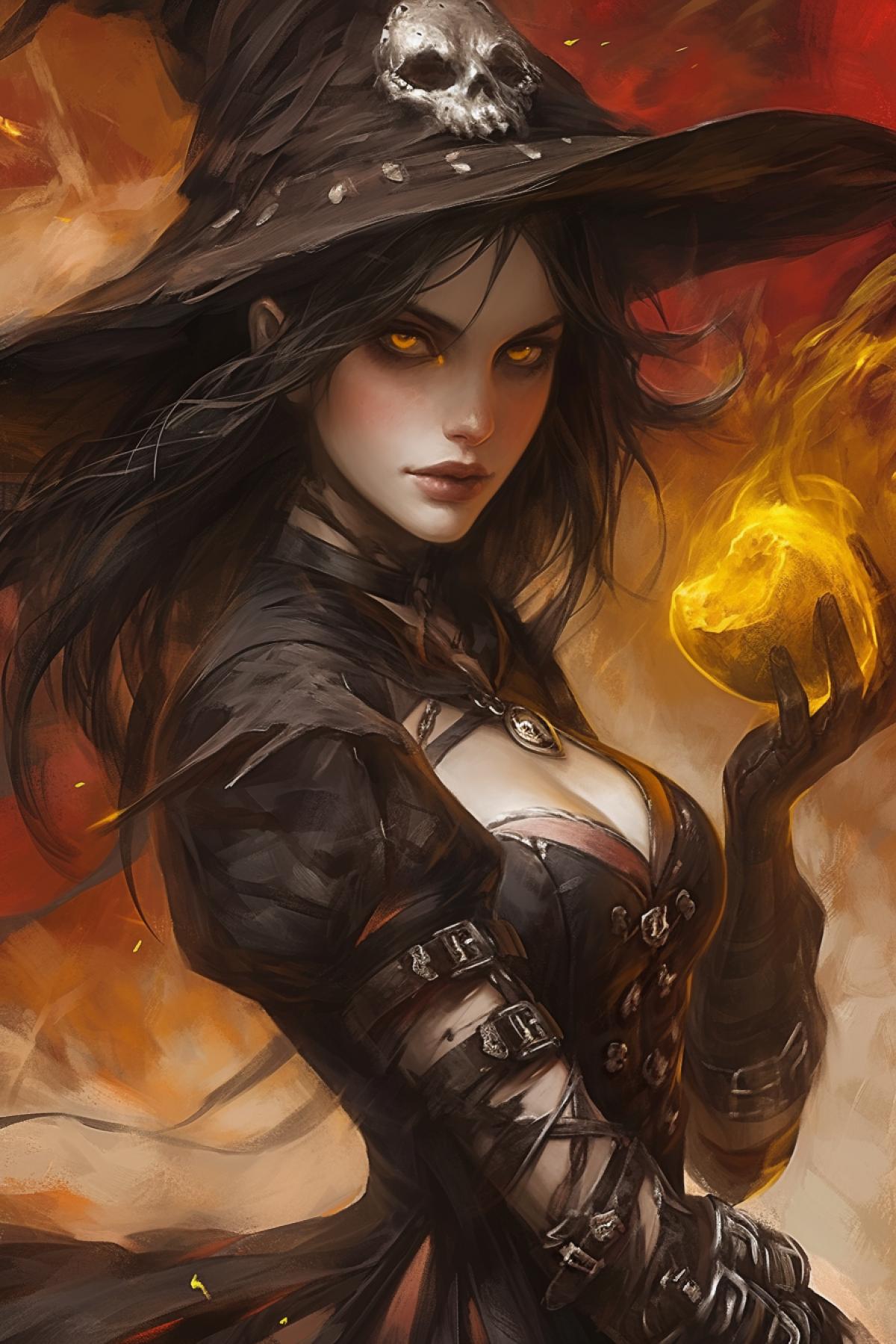 beautiful girl with dark hair, yellow eyes, witch, witch hat, dark dress, holding a skull-shaped apple in her hand, dark fantasy, magical energy, dark red and yellow, by Gerald Brom, close up