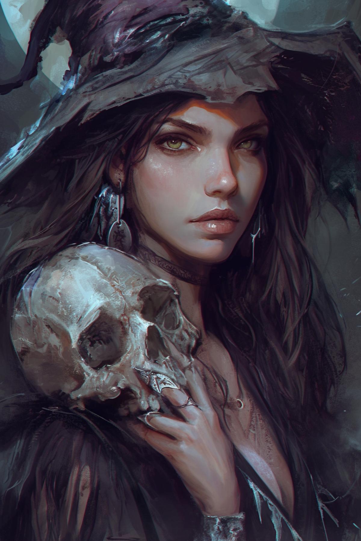 photo of a beautiful girl with dark hair holding a skull, witch, night, moon, dark and white, witchs hat, cold colors close up Jakub Rozalski style