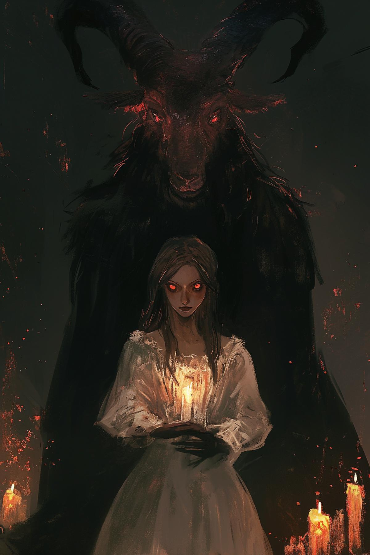 goatman stands over a young witch, the witch has dark hair and red devilish eyes, dark colors, dim candle light, dark room of the witch, horror style, darkness and horror, night, by Ted Nesmith