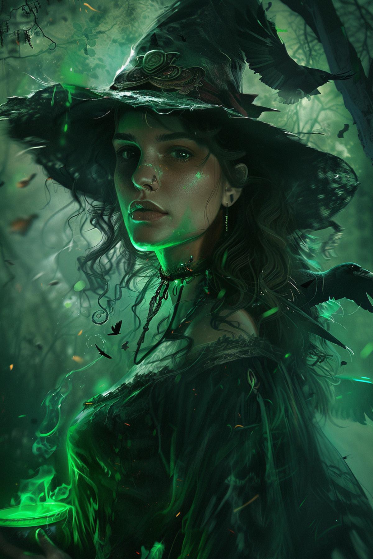 A classic witch portrait, pointy hat, flowing dark robes, mysterious expression, dark forest background, moonlight filtering through trees, green glowing potion in hand, cauldron bubbling nearby, raven perched on her shoulder, eerie atmosphere, dark and muted color palette, realistic style, detailed textures, deep shadows, intense and focused look, mystical and enigmatic mood, ancient runes carved on the trees.