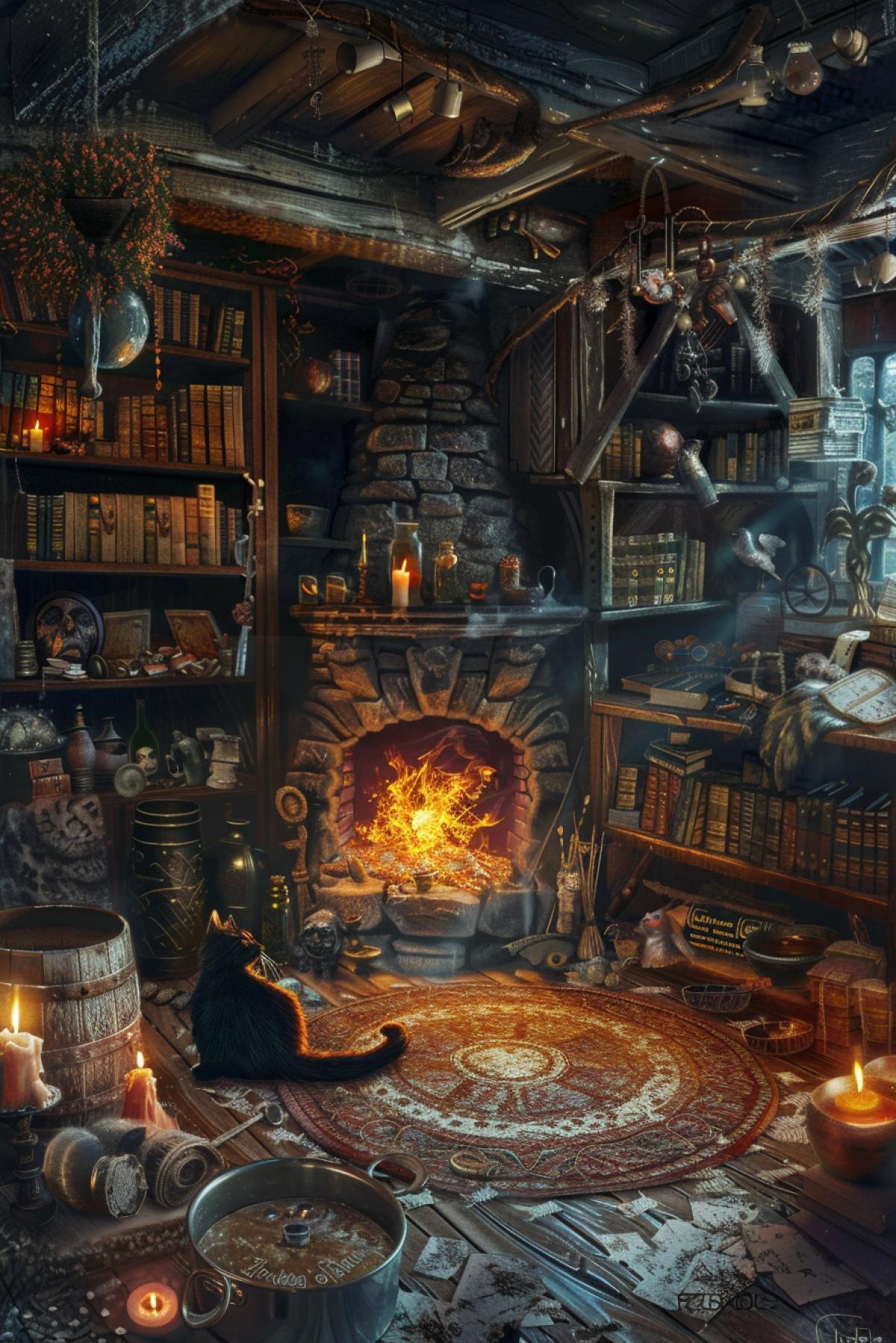 A witchs lair, hidden underground, dimly lit by candles and lanterns, walls lined with ancient tomes and magical artifacts, bubbling potions, spell ingredients, enchanted objects, cozy and mysterious atmosphere, deep shadows, warm and muted colors, intricate details, dark cat curled up by the fire, cauldron in the center, shelves cluttered with curiosities, sense of secrecy and wonder, rich textures, sense of history and mystery, inviting and enigmatic.