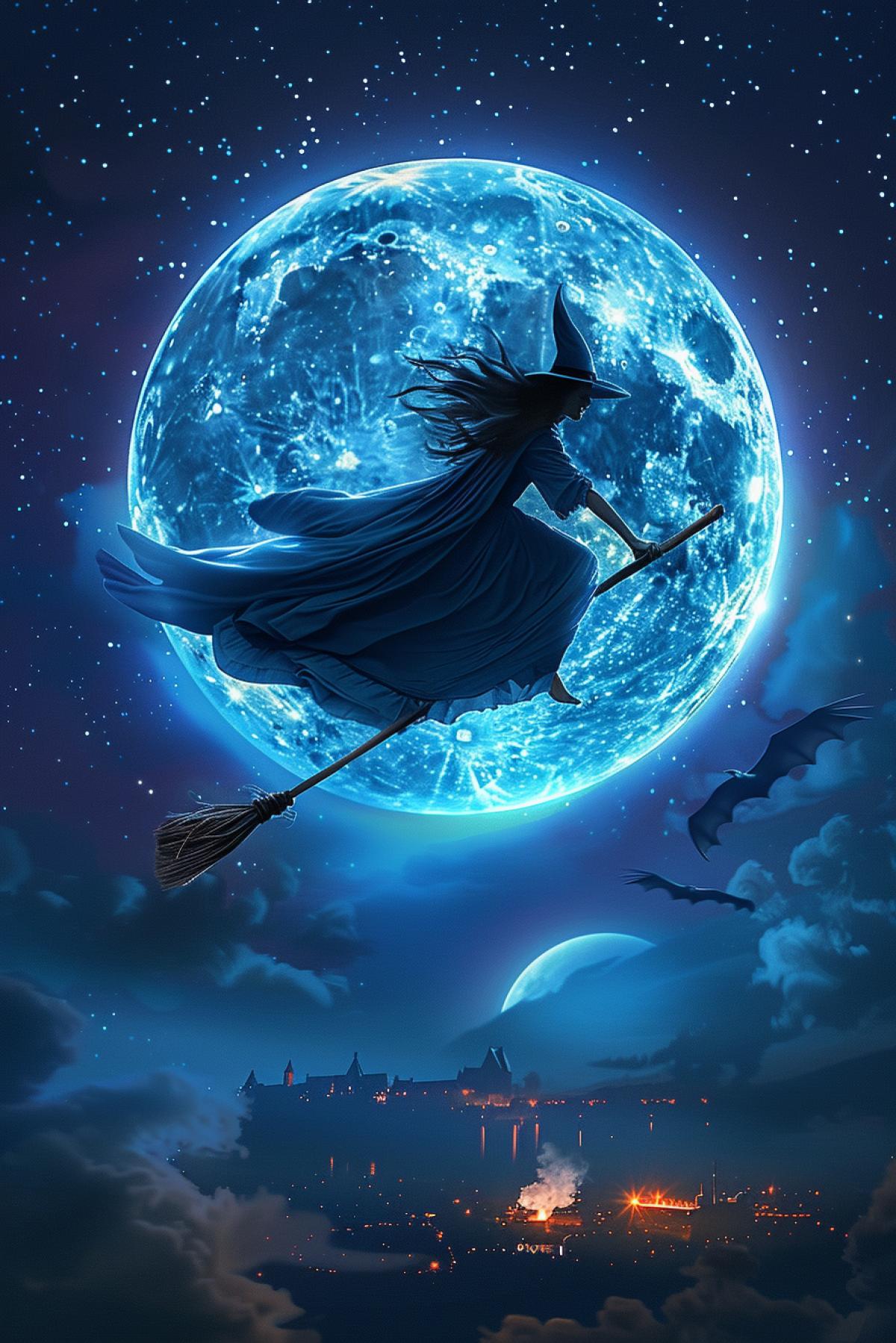 A majestic witch flying on a broomstick, silhouetted against a full moon, night sky filled with stars, flowing cloak, hair streaming in the wind, dramatic and mystical atmosphere, dark blues and silvers, ethereal glow around the moon, distant city lights below, sense of freedom and power, dynamic and fluid com4k, enchanting and magical, detailed and realistic, shadows and highlights enhancing the sense of movement.