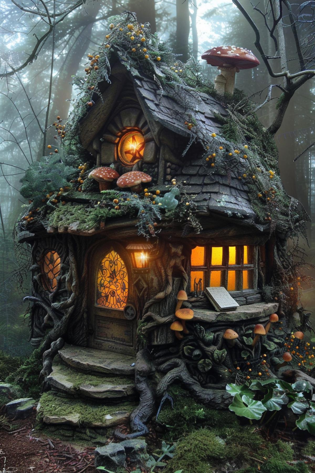 A witchs mystical forest hut, nestled among ancient trees, surrounded by glowing mushrooms and enchanted plants, misty twilight, warm light emanating from windows, rustic and cozy design, ivy-covered walls, magical runes etched into stones, whimsical and mysterious atmosphere, detailed textures, dark greens and browns, playful woodland creatures, spellbook open on a table, cauldron bubbling outside, serene and enchanting, sense of hidden magic.
