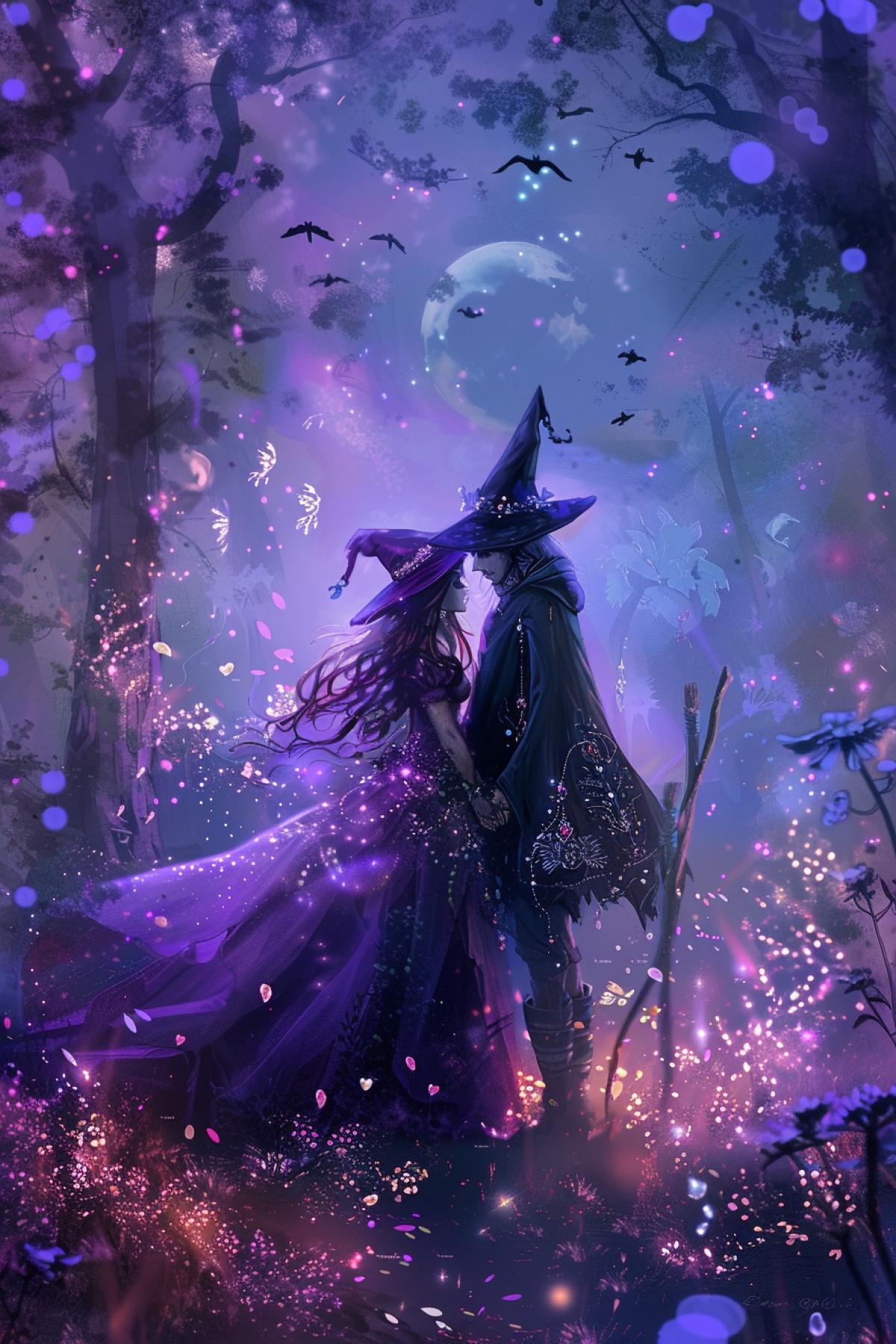A witch in love, moonlit forest, soft romantic glow, delicate and ethereal, witch in elegant flowing gown with mystical symbols, pointed hat, holding hands with a partner who is also a witch, surrounded by floating magical lights, flowers blooming at their feet, gentle and warm atmosphere, rich and soft color palette with purples and pinks, tender and 4k expressions, enchanted aura around them, broomsticks leaning against a tree, intricate details on clothing and jewelry, sense of deep connection and magic, serene and enchanting.