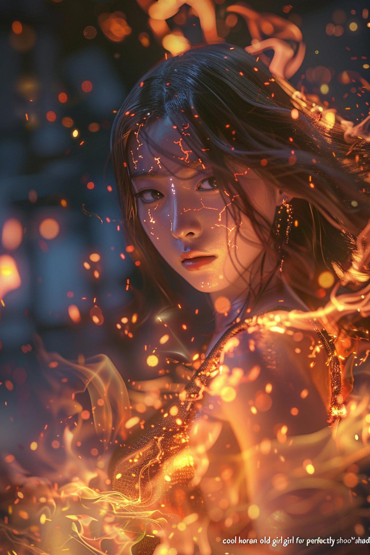 Jun Yumi as Fire Witch, channeling fires surrounding around her, dramatic scene, \"cool korean 35 years old girl for photoshoot\", photorealistic, half body shot, gorgeous figure, selfie, smooth skin, wide angle, \"perfectly shaded\", perfect facial detail, intricate detail, 32k, cinematic lighting, depth of field, vray, volumetric lighting, centered-shot, open arms 4k, Post-Production, professional color grading