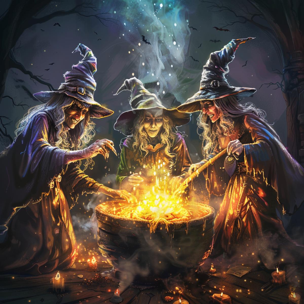 witches standing around a cauldron, hocus pocus realistic