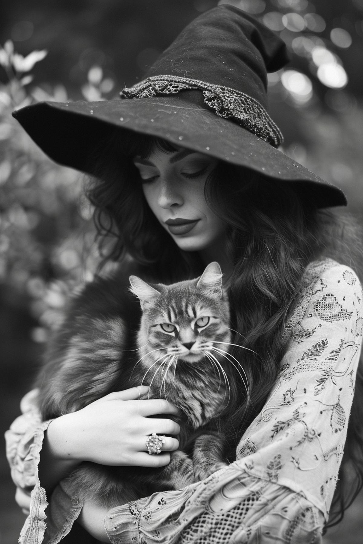 DSLR photograph of gorgeous witch Marissa Jennifer cradling a cat