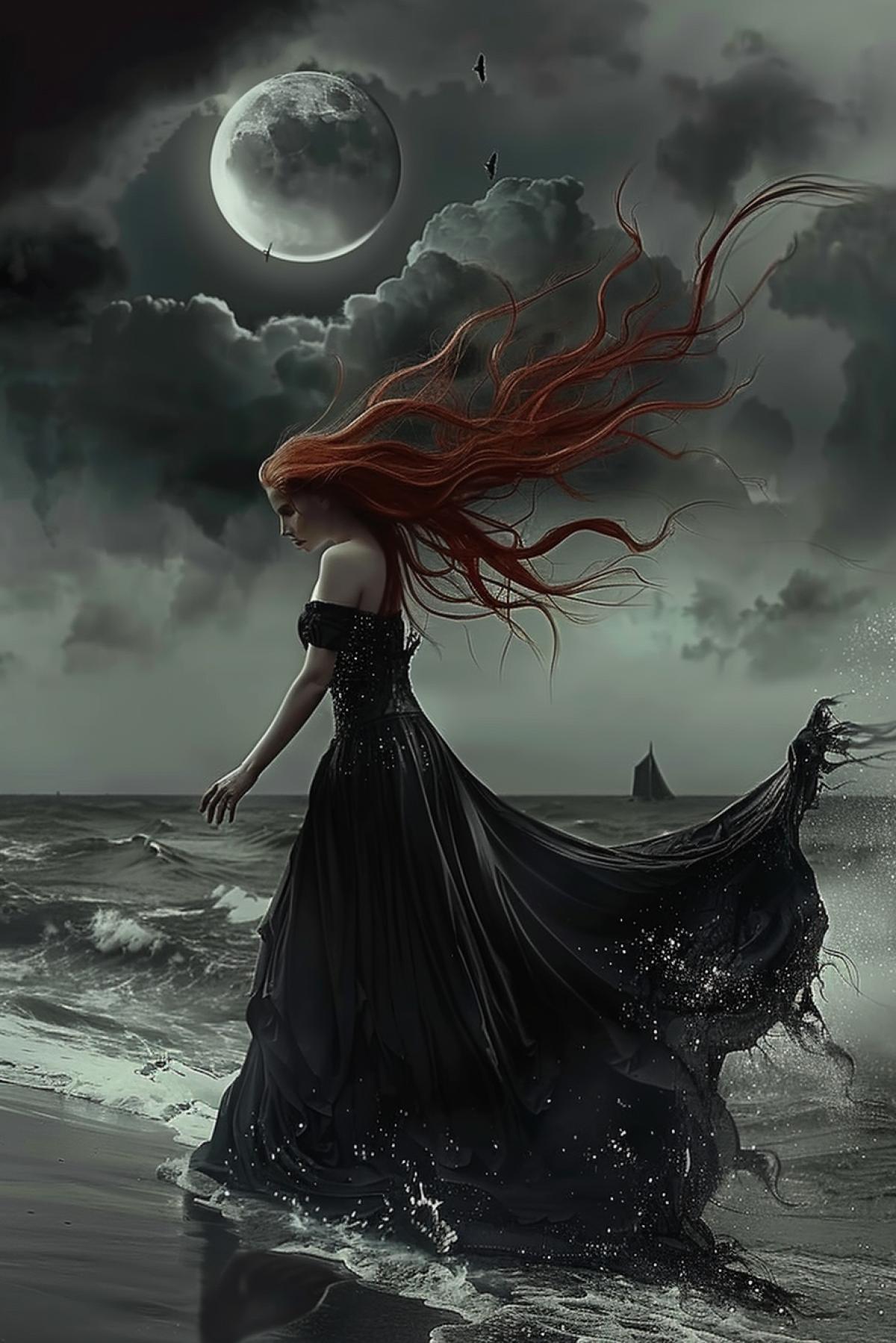 Red-haired Witch conjures in a dark forest on the shore of a lake, gothic, dark clouds partially cover the moon, magic