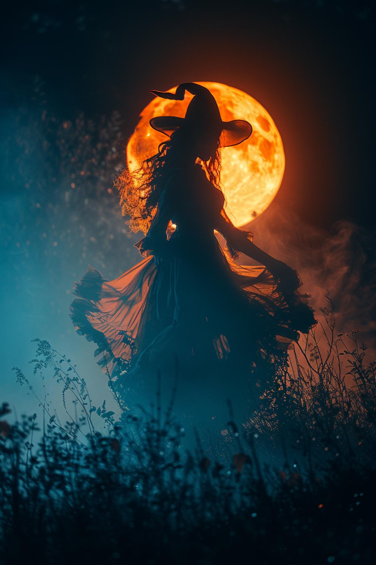 A beautiful witch flies over a small town. Its night. Mysterious atmosphere.