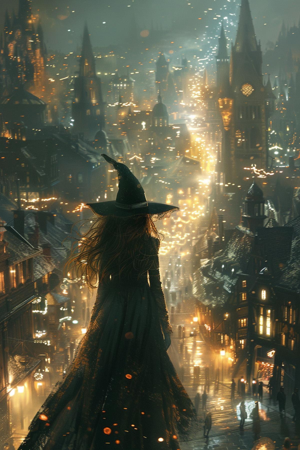 A beautiful witch flies over a small town. Its night. Mysterious atmosphere.