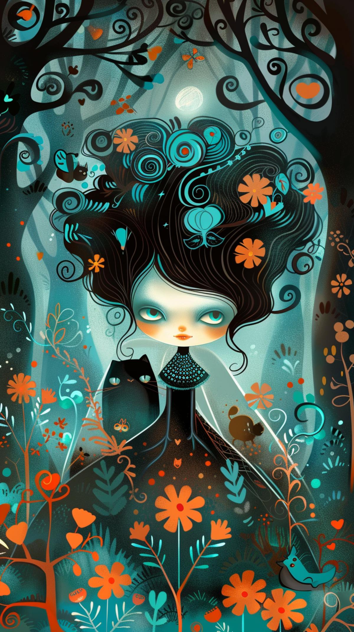 Cute whimsical cartoon character in the style of Nicoletta Ceccoli and Gustave Dore, with trees, flowers, a cat, animals, turquoise, orange and dark colors, whimsy art, style raw