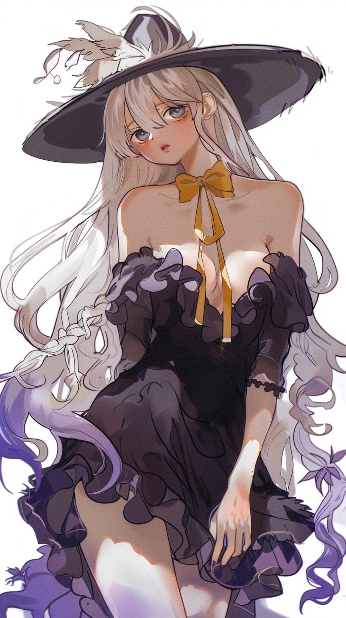 1girl, solo, elaina, majo no tabitabi, white hair, long hair, blue eyes, loose hair, side braid, luxury shoulders, yellow bowtie, white collared shirt, untucked shirt