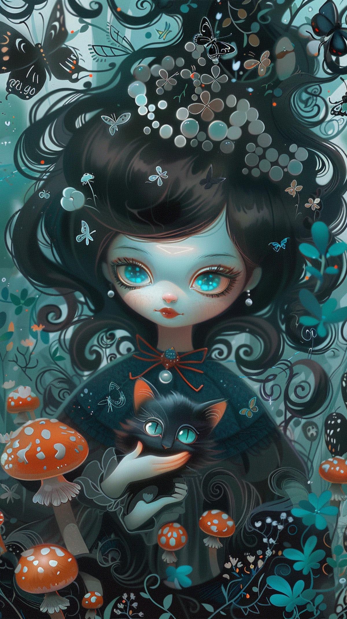 1girl, solo, elaina, majo no tabitabi, white hair, witch hat, long hair, long fluffy eyelashes, blue eyes, loose hair, side braid, luxury shoulders, dress with frills, holding a dark charming very big-eyed kitten with a red bow on neck, butterfly, fly agaric mushrooms background