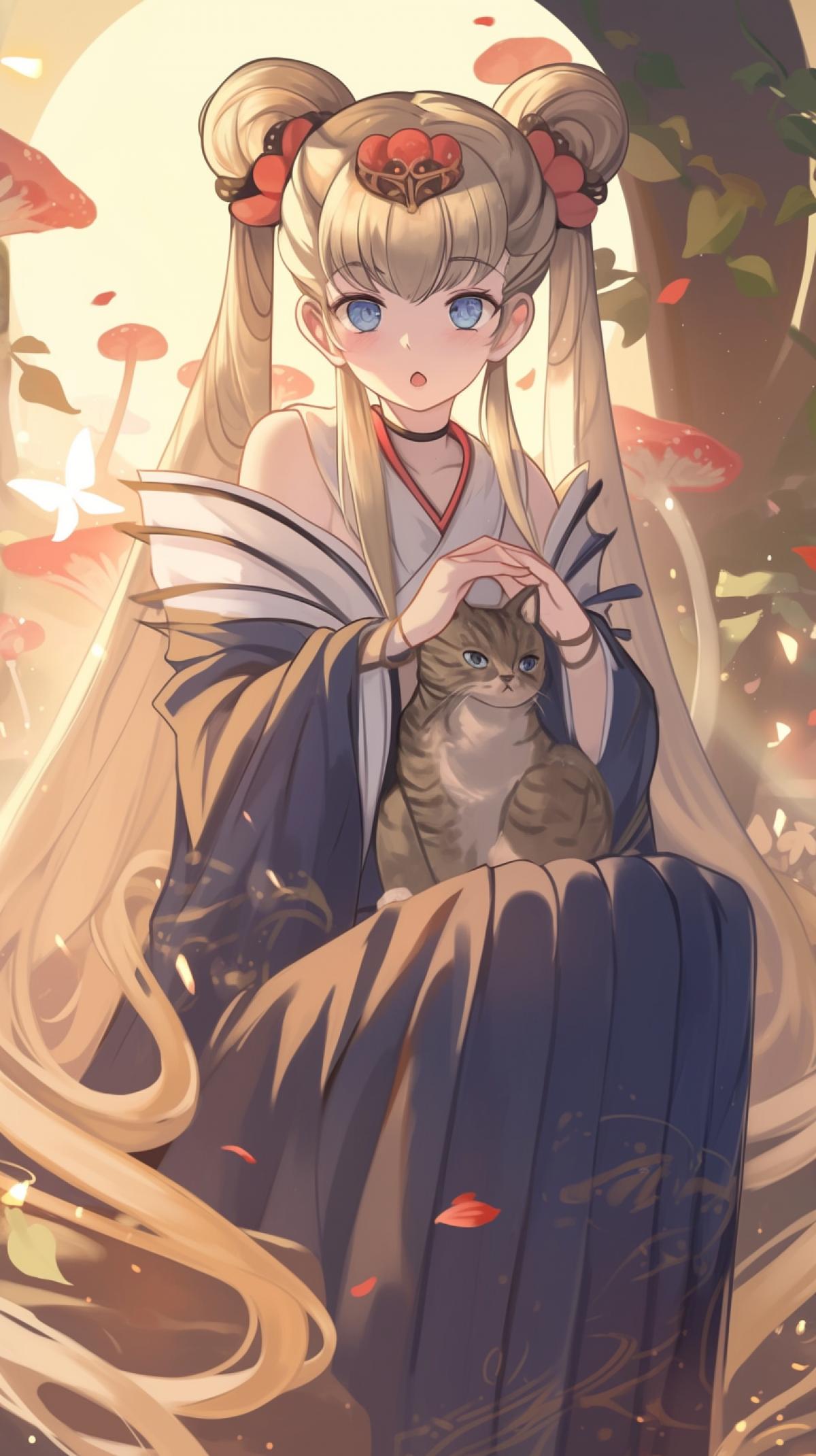 Anime stile, 1girl, solo, elaina, majo no tabitabi, white hair, witch hat, long hair, long fluffy eyelashes, blue eyes, loose hair, side braid, luxury shoulders, dress with frills, holding a dark charming very big-eyed kitten with a red bow on neck, butterfly, fly agaric mushrooms background