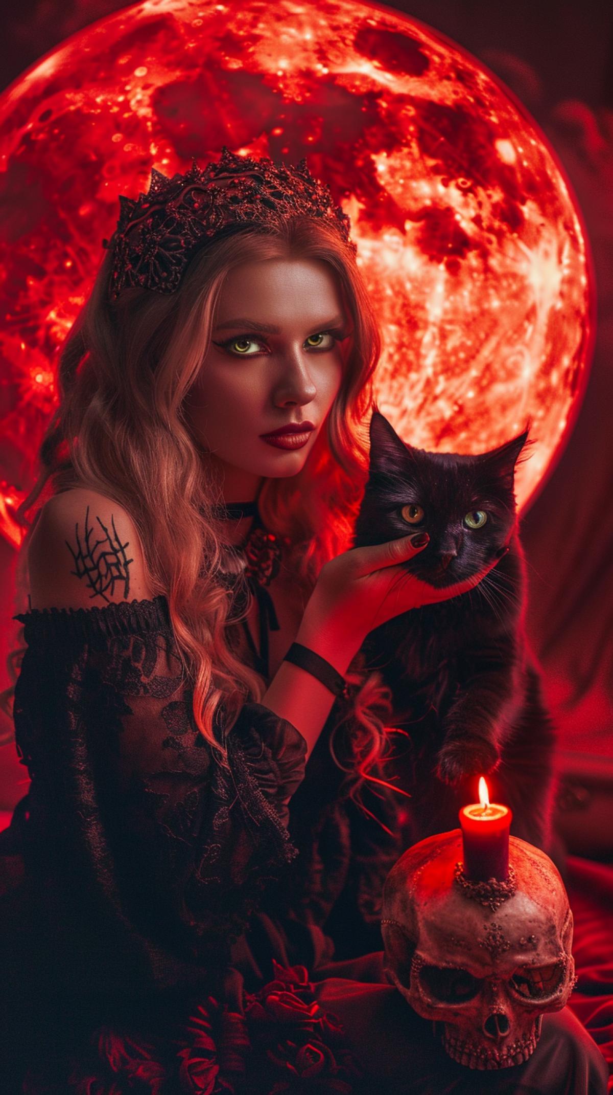 Fantastic, DSLR photograph of a beautiful red witch Marissa Jennifer holding a skull with a candle, a dark cat with emerald eyes sitting on her shoulder, against the backdrop of a red huge moon, mystical atmosphere