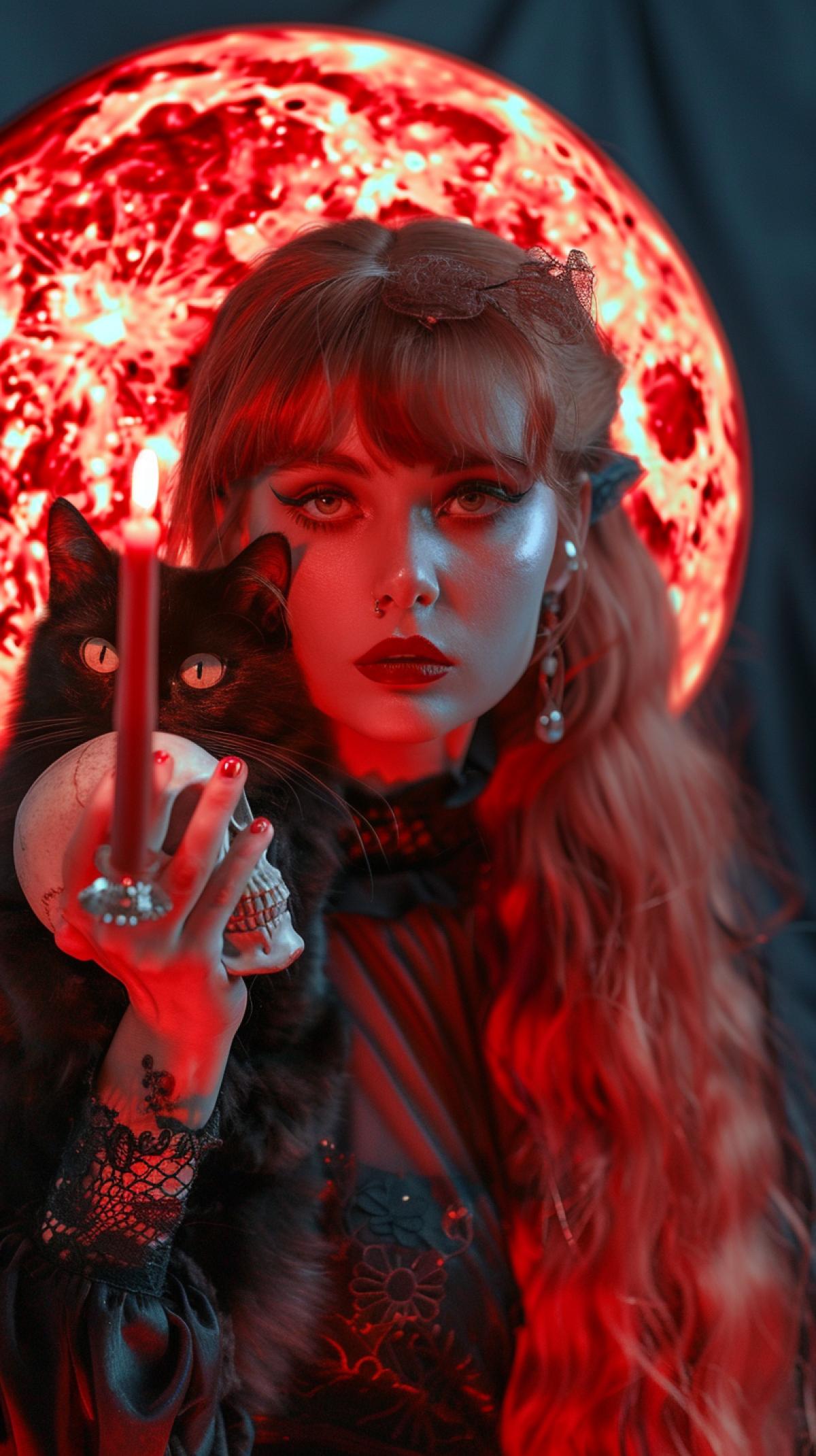 Fantastic, DSLR photograph of a beautiful red witch Marissa Jennifer holding a skull with a candle, a dark cat with emerald eyes sitting on her shoulder, against the backdrop of a red huge moon, mystical atmosphere