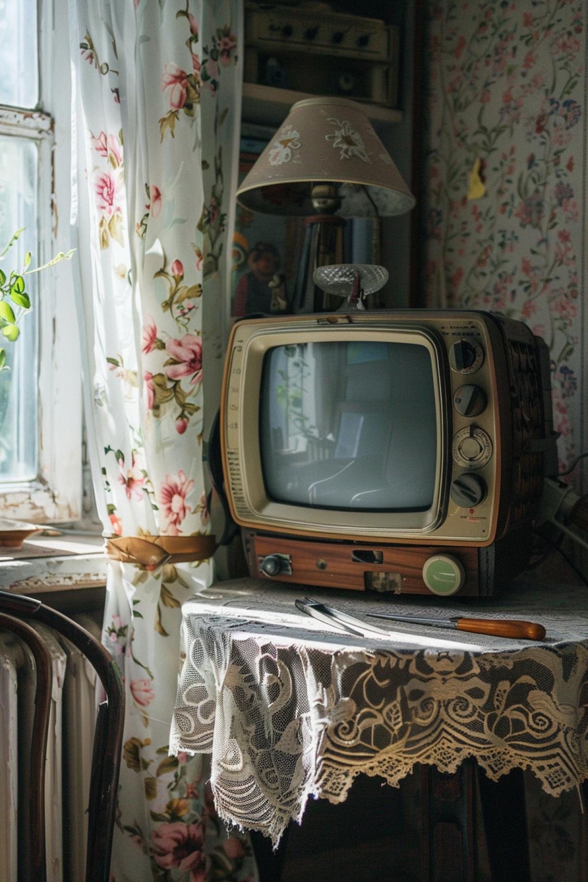 The TV is on a small table, there are pliers next to it, there is a lace knitted tablecloth on the table, retro style, coziness, like in childhood