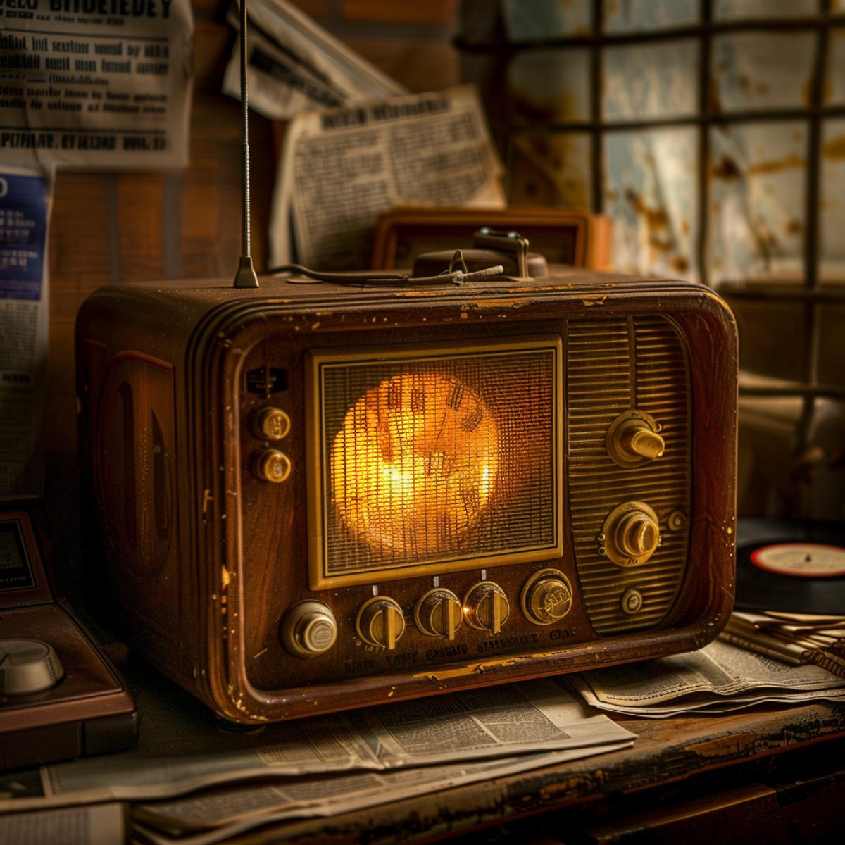 Vintage radio receiver from the 1950s, wooden casing with intricate carvings, large dial with glowing numbers, metal knobs, antenna sticking out, warm and nostalgic atmosphere, sepia tones, detailed textures, soft lighting highlighting the wood grain, retro setting with old newspapers and vinyl records around, sense of history and charm, vintage aesthetic, authentic and detailed.