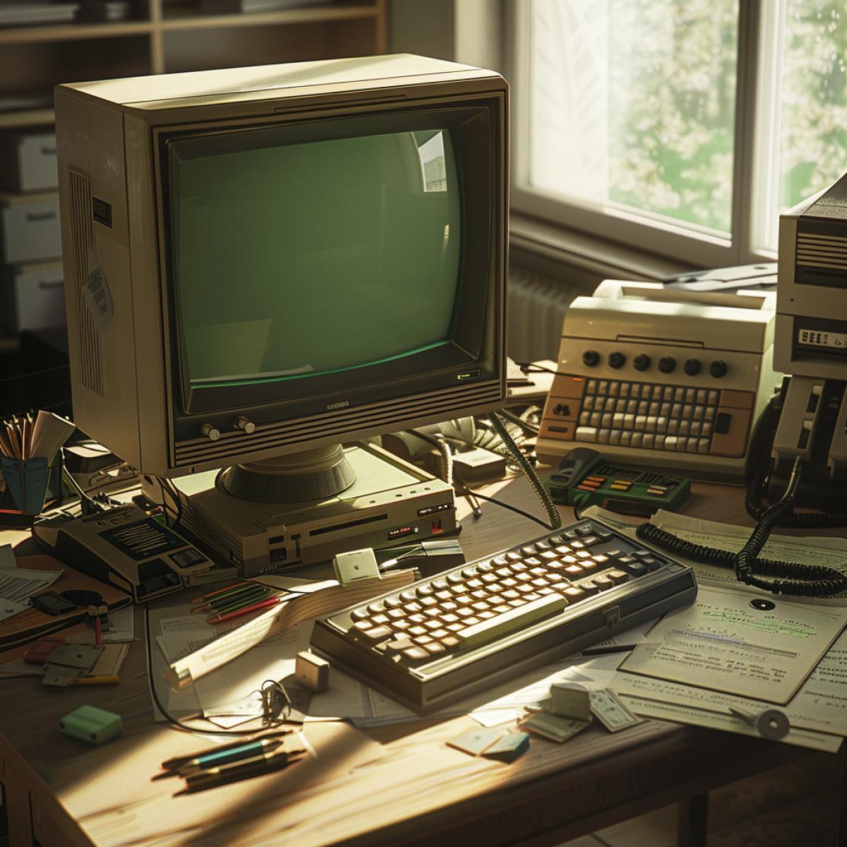 Early model computer from the 1980s, bulky monitor with green monochrome display, large keyboard with mechanical keys, floppy disks scattered around, retro office setting, desk with old paperwork and rotary phone, soft lighting casting gentle shadows, muted color palette with grays and beiges, detailed and realistic, nostalgic and tech-focused atmosphere, sense of innovation and history, vintage aesthetic.