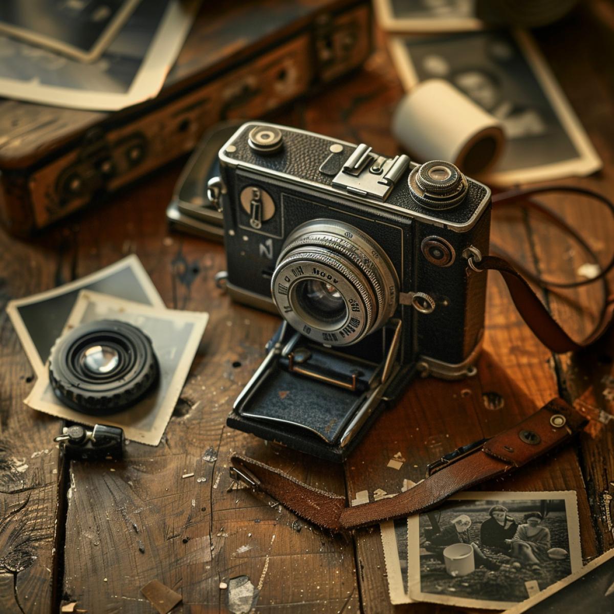 Vintage film camera from the 1940s, dark and silver body with intricate dials and knobs, leather strap, lens cap dangling, placed on a wooden table, surrounded by old dark-and-white photographs and film rolls, warm and nostalgic atmosphere, rich and detailed textures, soft sunlight streaming through a window, muted color palette, sense of history and craftsmanship, authentic and detailed, capturing a moment in time.