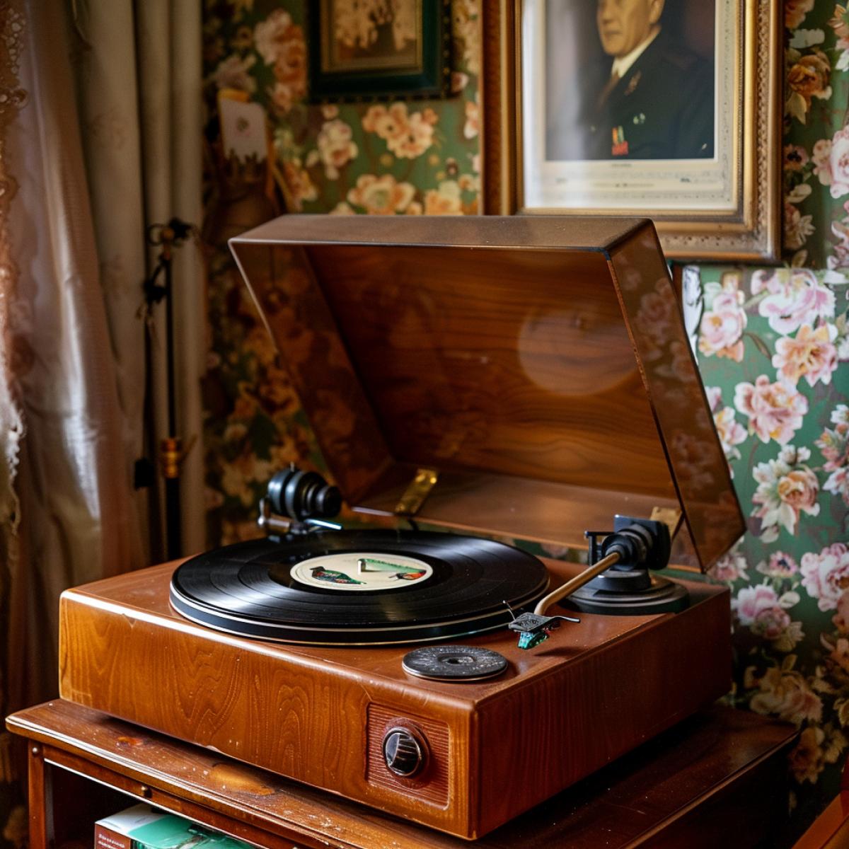 A vintage Soviet record player from the 1970s, wooden casing with glossy finish, large round turntable, dark vinyl record spinning, metal tonearm and needle, placed on a sdirty Soviet-era furniture piece, setting in a simple living room with patterned wallpaper, framed portraits of Soviet leaders, warm ambient lighting, muted colors, nostalgic and authentic atmosphere, rich textures, capturing the essence of Soviet home life.