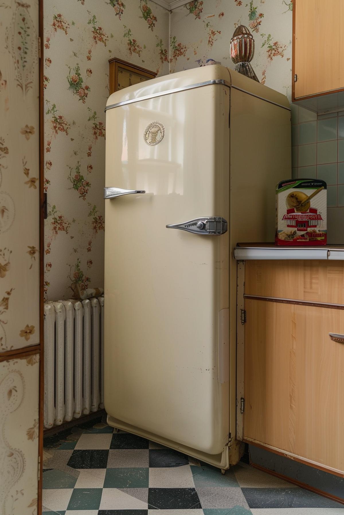 A classic Soviet refrigerator from the 1960s, bulky and rounded design, cream-colored enamel finish, chrome handle, old-fashioned logo with Cyrillic letters, placed in a modest Soviet kitchen, checkered linoleum floor, simple wooden cabinets, Soviet-era food packaging on the counter, warm and nostalgic atmosphere, soft lighting, detailed and realistic textures, muted color palette, a glimpse into everyday Soviet domestic life.