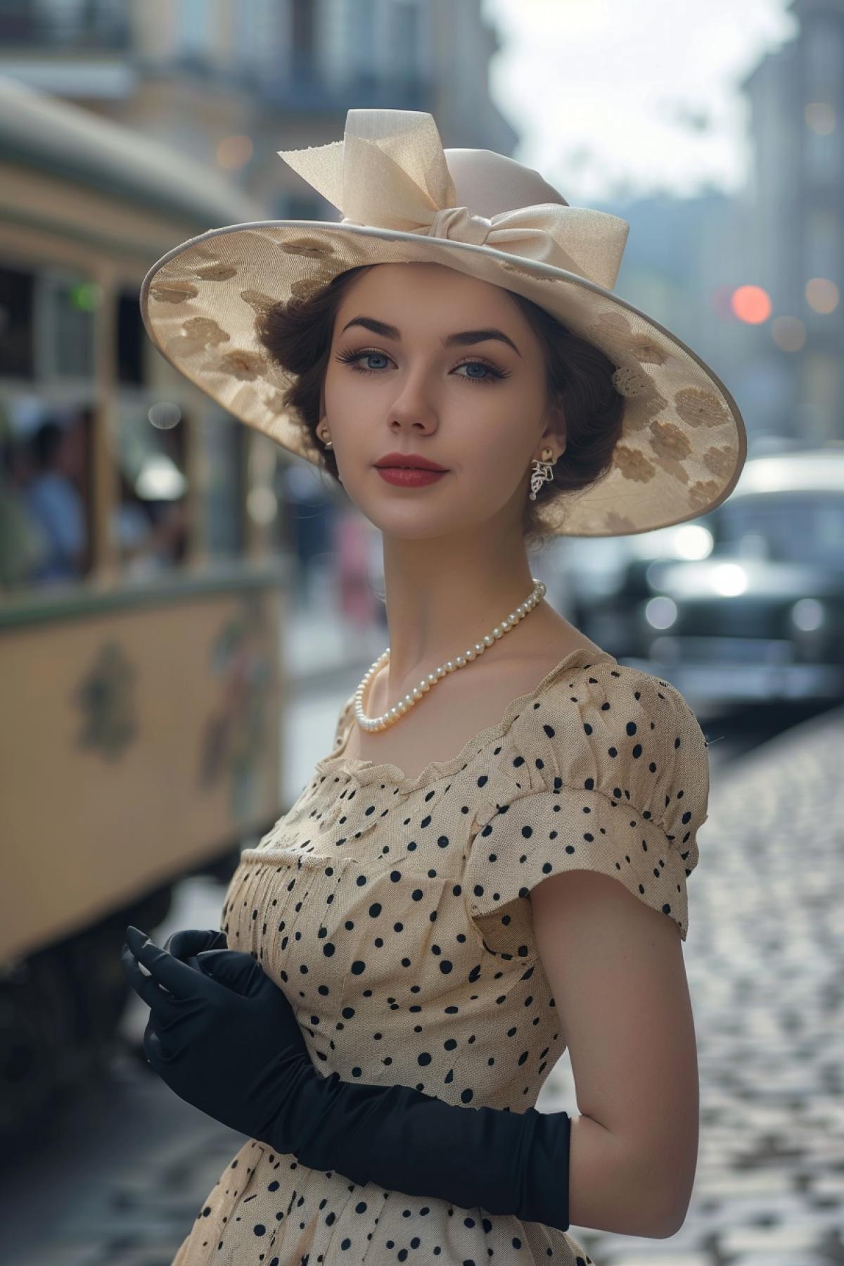 A vintage Soviet-era hat from the 1950s, elegant and stylish, wide-brimmed with a ribbon bow, worn by a young woman, dressed in a classic polka-dot dress, gloves, and pearls, standing in a ling 1950s Soviet street, background featuring vintage cars and trams, cobblestone pavement, muted color palette, soft and warm lighting, nostalgic and authentic atmosphere, detailed textures, capturing the charm and elegance of the era, rich historical context, poised and graceful demeanor, a moment in time.