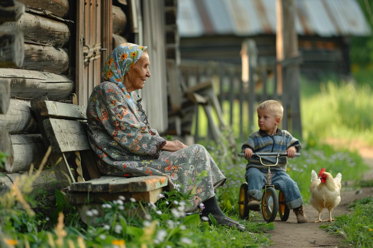 A quaint Russian village scene, wooden house with peeling paint, elderly grandmother sitting on a weathered bench, wearing a floral headscarf and simple dress, warm and kind expression, small grandson beside her on a vintage Soviet-era tricycle, dirt road in front, lush green grass and wildflowers, rustic wooden fence, chickens pecking around, soft afternoon sunlight, muted and warm color palette, nostalgic and authentic atmosphere, capturing the simplicity and warmth of village life, detailed textures, serene and charming, sense of family and tradition.