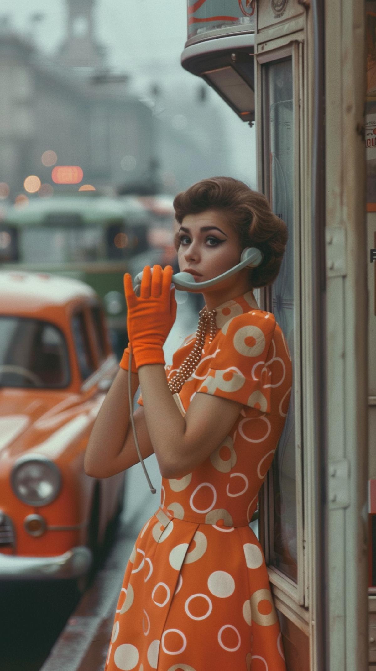 Soviet era 1960s, elegant and stylish young woman in a dress with large orange polka dots, in a telephone booth talking on a flyphone, summer gloves and coral beads, standing on a busy Soviet street in the 1960s. background with vintage cars and trams, muted color palette, soft and warm lighting, nostalgic and authentic atmosphere, detailed textures that convey the charm and elegance of the era, rich historical context, poised and graceful demeanor, a moment in time.