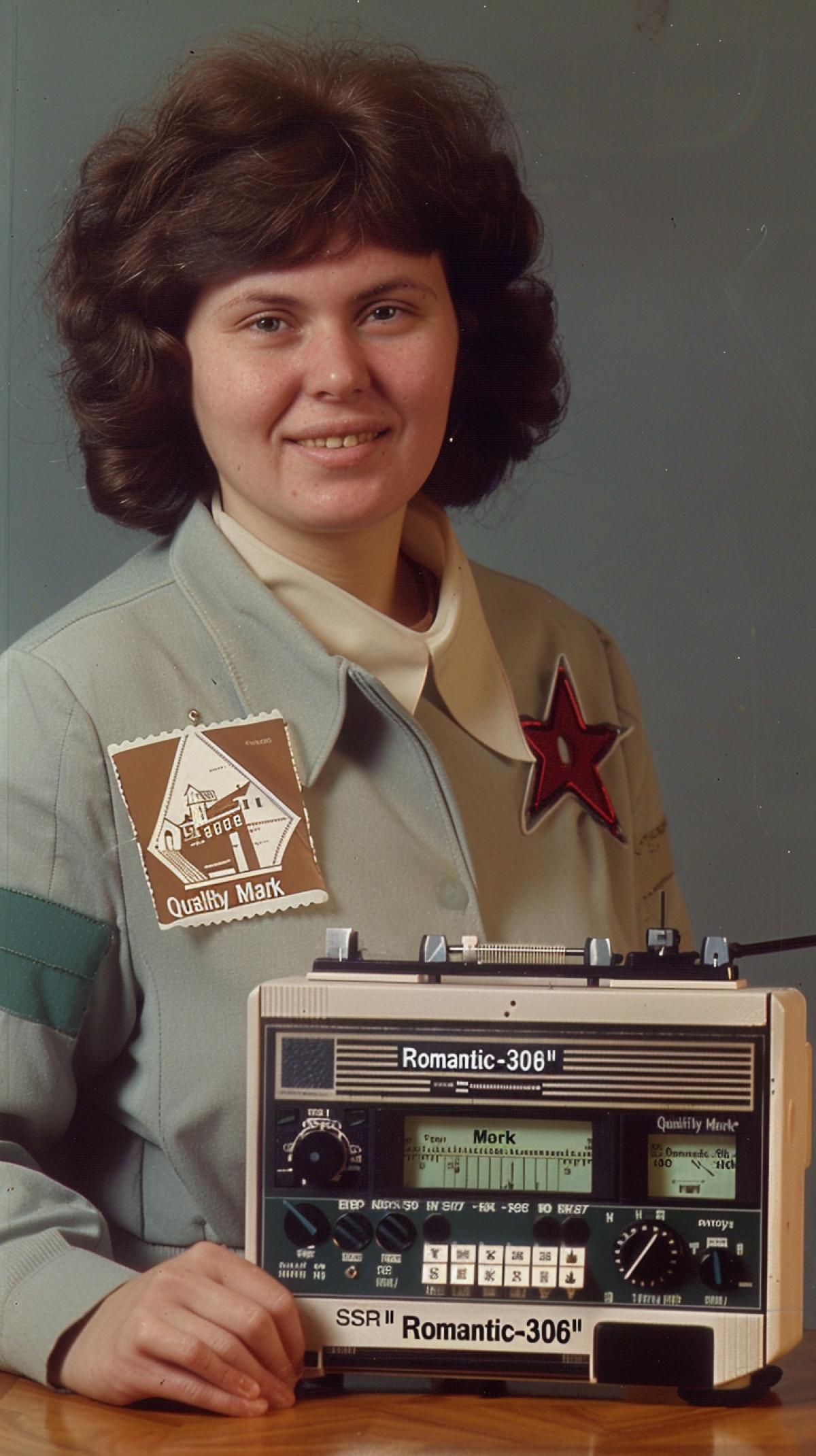 The tape recorder \"Romantic-306\", produced by the Petrovsky Gorky Plant, is advertised by the seller, a young smiling woman, next to it is a cardboard badge \"Quality Mark\" and on the badge the inscription \"SSR\",. \"Romantic-306\" is a monophonic cassette recorder produced in 1979, one of the most popular cassette players in the USSR in the 1980s. Dimensions 110x252x285 mm, weight 4.3 kg. Produced with minor changes until the end of the 1980s.