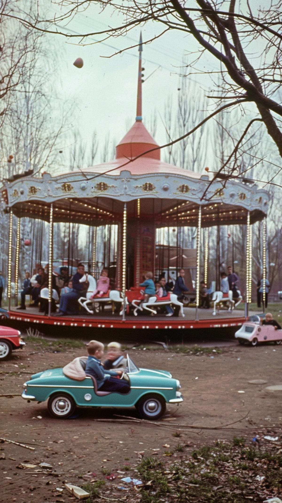 Carousel in the park, 1970s, where children ride Moskvich minicars