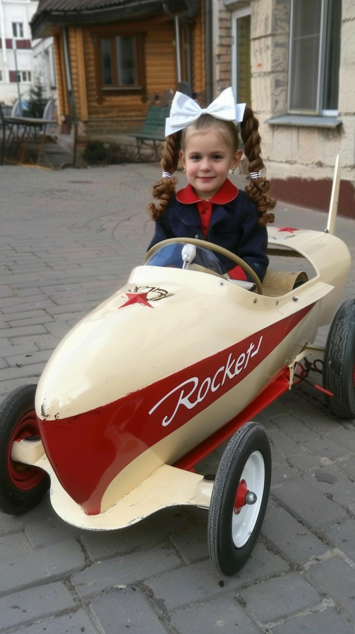 A cheerful girl with ponytails and large white bows sits in a childrens car \"Rocket\" with an aluminum body and pedal drive. Produced in the USSR since 1957