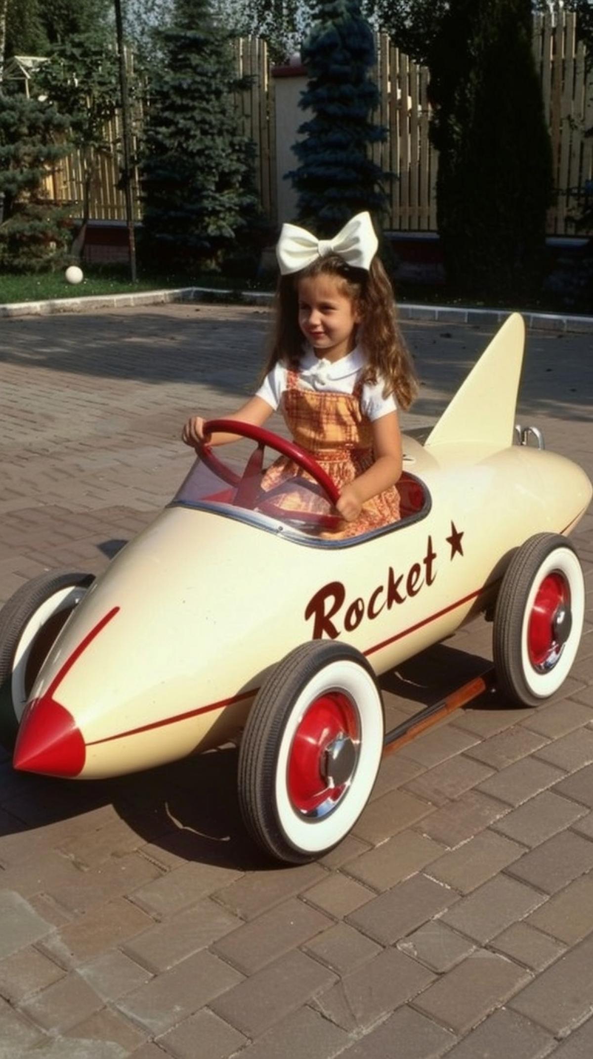 A cheerful girl with ponytails and large white bows sits in a childrens car \"Rocket\" with an aluminum body and pedal drive. Produced in the USSR since 1957