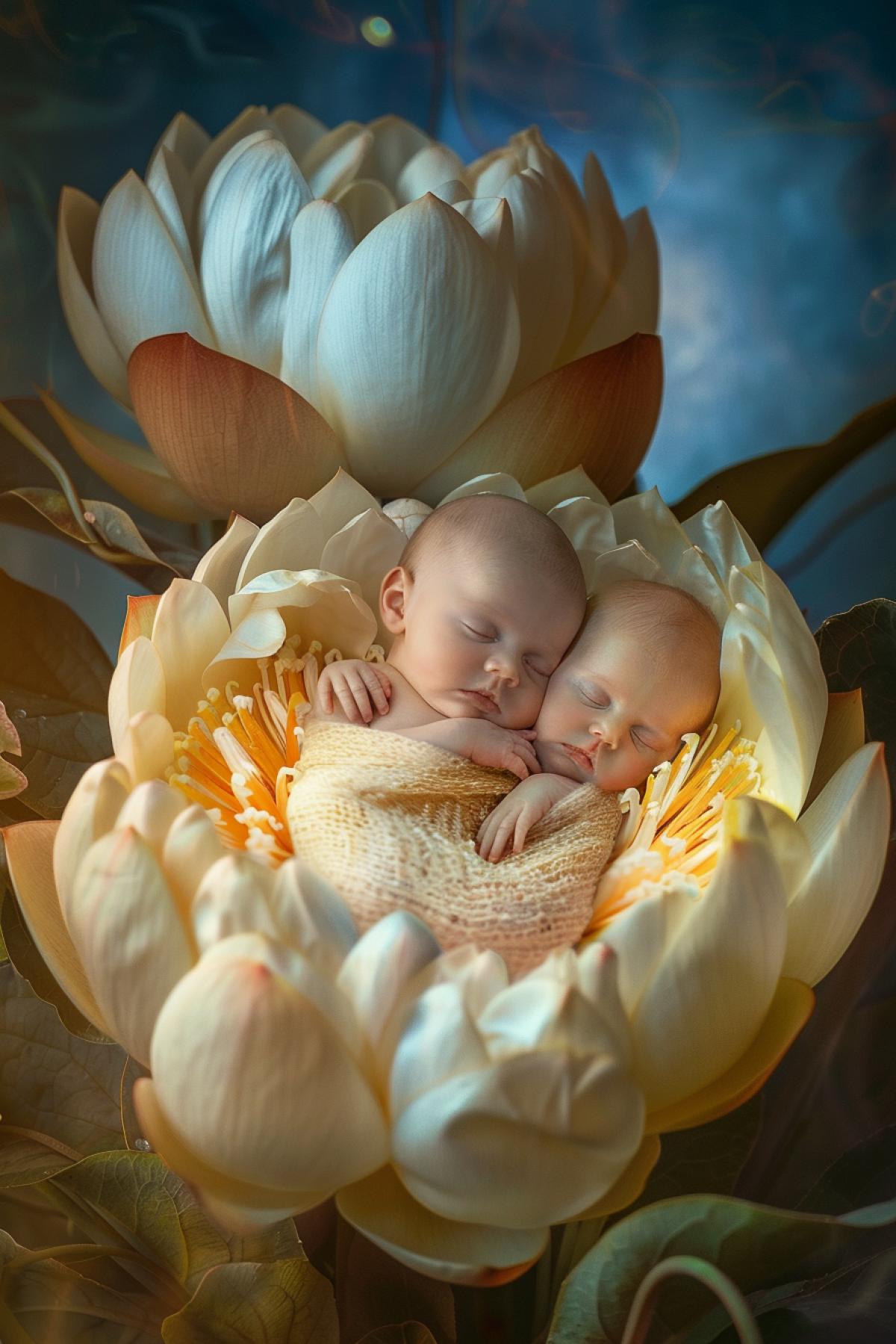 Anne geddes style photo of cute babies sleeping in big flower bud scenic light professional detailed photo