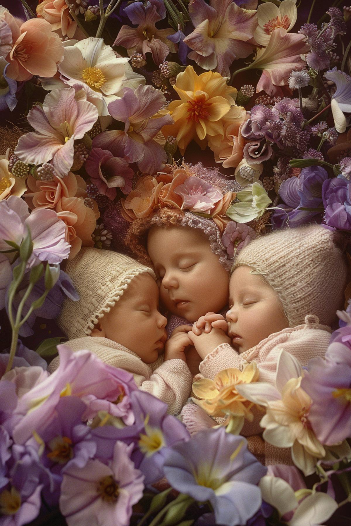 Anne geddes style photo of cute babies sleeping in big flowers scenic light professional detailed photo