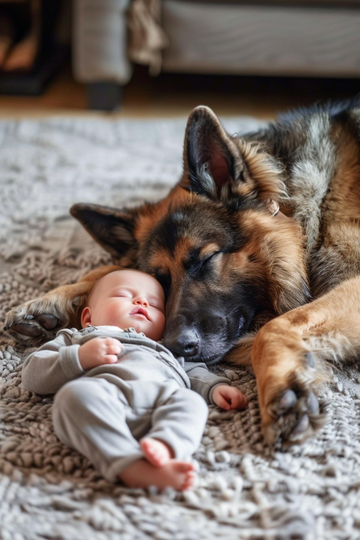Big shepherd dog sleeping with cute human baby on the carpet in living room professional photo